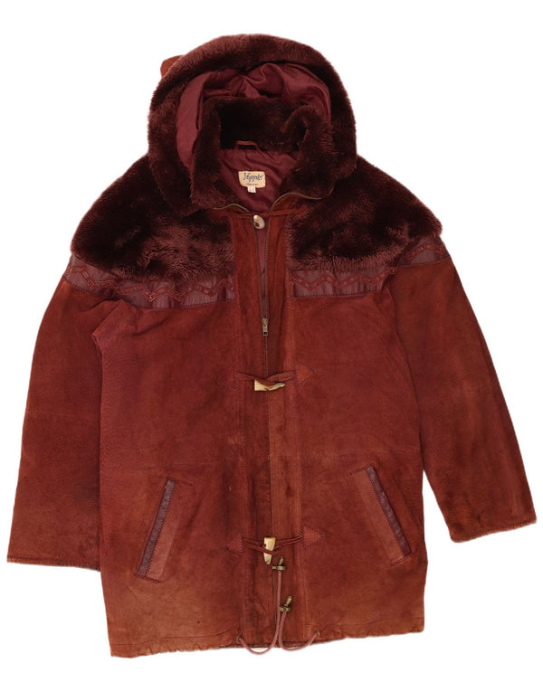 Yuppie Damen Übergroßer Wildledermantel mit Kapuze, UK 10, kleines braunes Leder