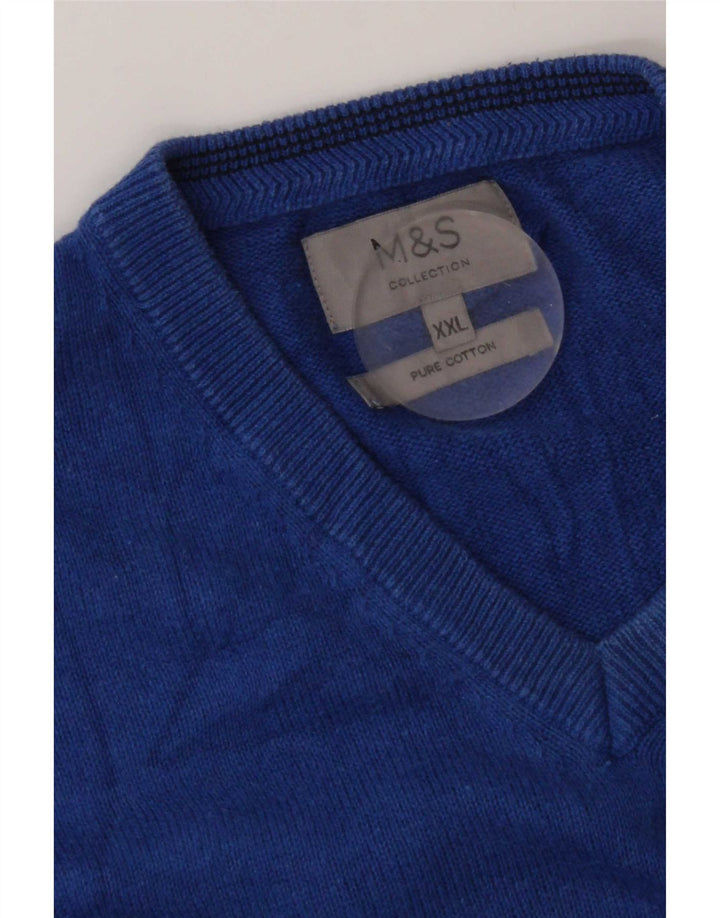Marks & Spencer Herren-Pullover mit V-Ausschnitt, 2XL, blaue Baumwolle