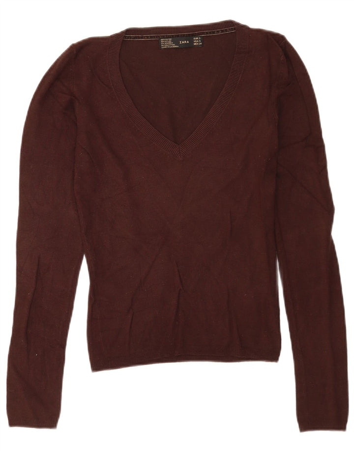 Zara Damen-Pullover mit V-Ausschnitt, UK 10, Größe S, braun, Viskose