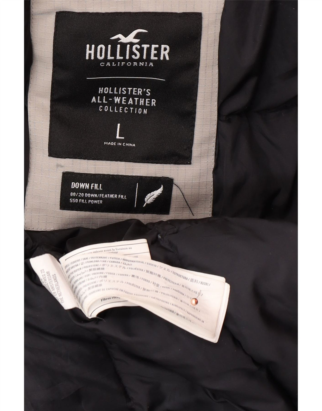 HOLLISTER Wattierte Herrenjacke mit Kapuze, UK 40, großes graues Polyester