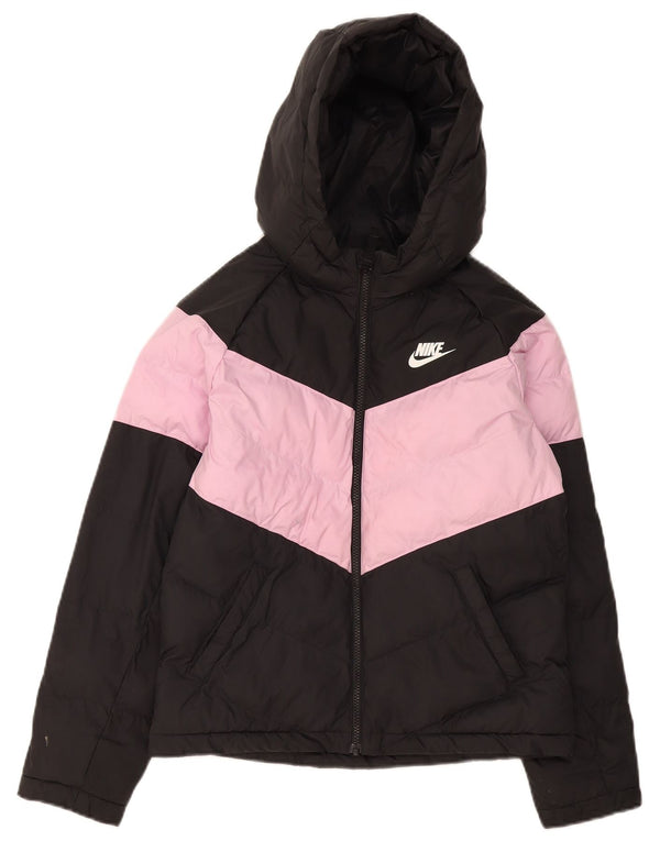 Nike Mädchen-Jacke mit Kapuze, gepolstert, 12–13 Jahre, Größe L, Schwarz, Farbblock