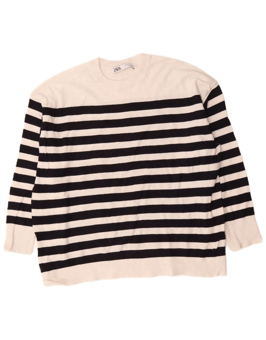 Zara Damen-Pullover, übergroß, Rundhalsausschnitt, Gr. 14, mittelweiß gestreift