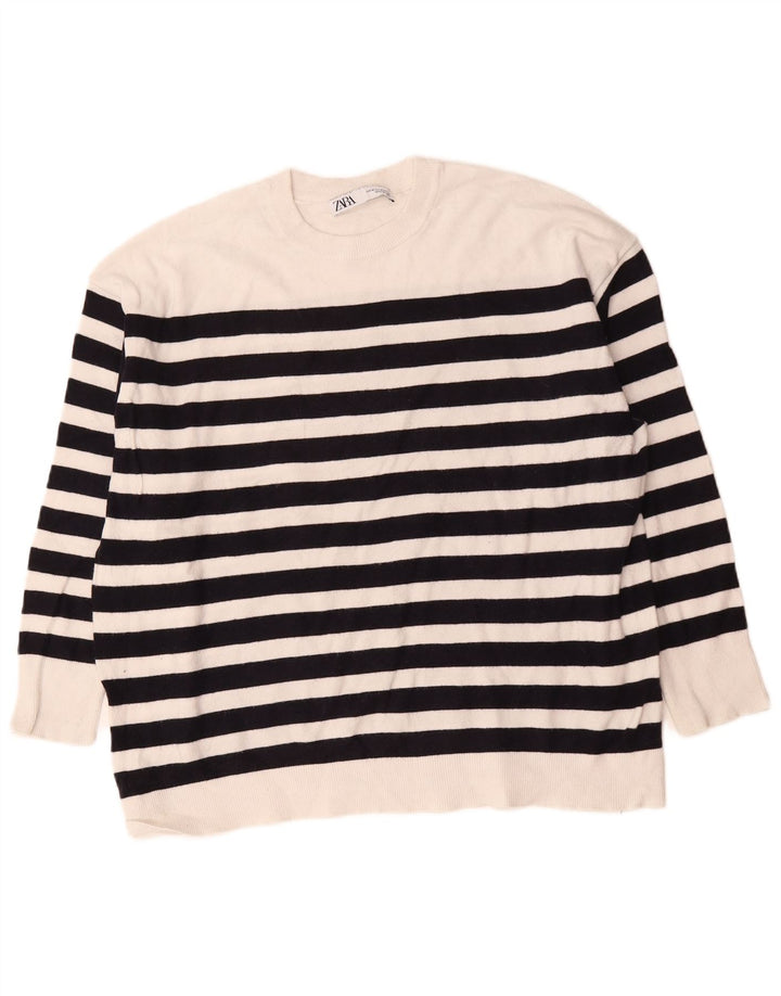 Zara Damen-Pullover, übergroß, Rundhalsausschnitt, Gr. 14, mittelweiß gestreift