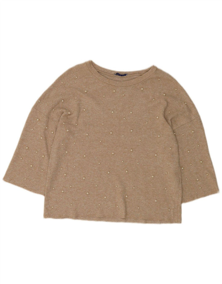 Zara Damen-Blusenoberteil mit 3/4-Ärmeln, Gr. 40, Größe S, Beige, gepunktet