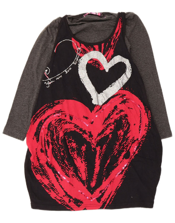 Desigual Mädchen-Langarmkleid mit grafischen Blasen, 7–8 Jahre, schwarzes Herz