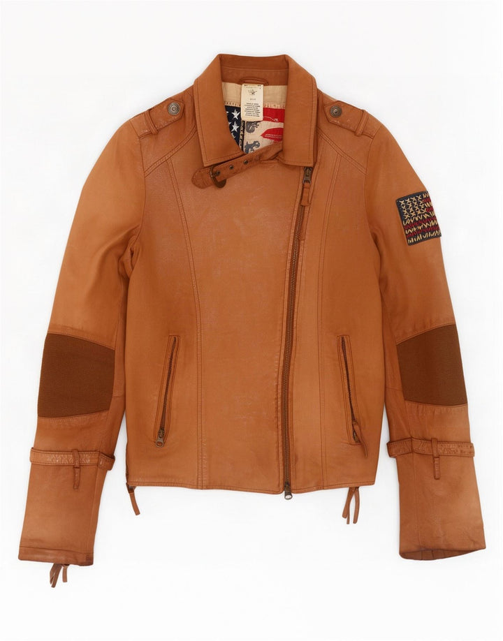 True Religion Damen-Bikerjacke aus Leder, UK 10, Größe S, Beige, Farbblock