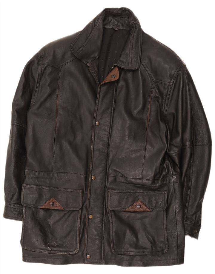 Vintage Herren-Windbreaker-Mantel aus Kunstleder, IT 50, großes schwarzes Polyamid