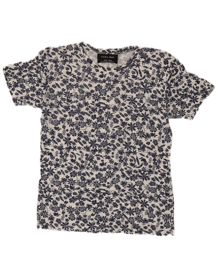 T-Shirt-Oberteil für Herren von Zara, Mittelweiß, geblümtes Leinen