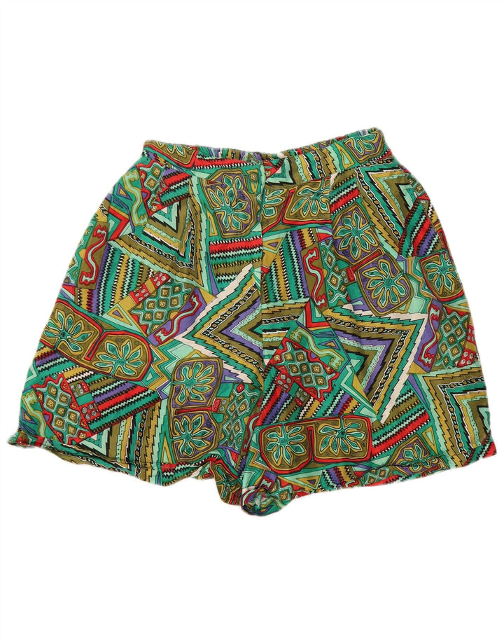 Vintage Damen lässige Shorts mit weitem Bein, mittelgroß, W28, grüne Patchwork-Seide