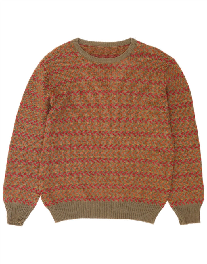 Vintage Herren-Pullover mit Rundhalsausschnitt, mittelgroße Khaki-geometrische Wolle