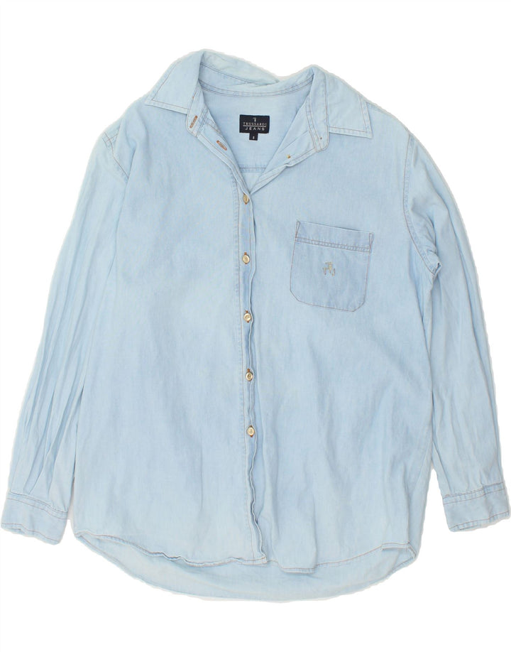 TRUSSARDI Womens Longline Oversized Shirt UK 10 Small Blue Cotton Vintage Trussardi and Second-Hand Trussardi from Messina Hembry 