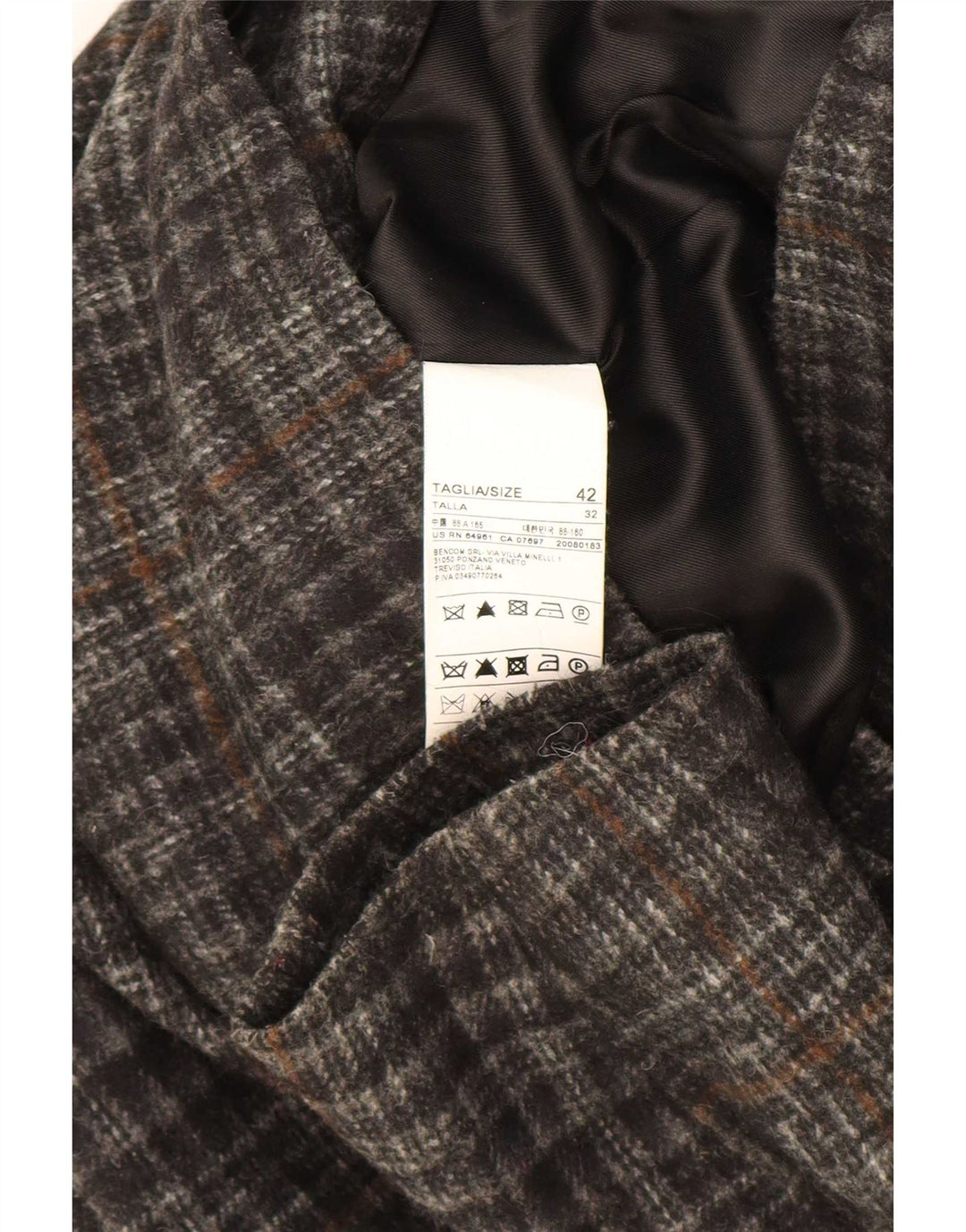 Benetton Damen Dufflejacke mit Kapuze IT 42 Mittelgrau kariertes Acryl