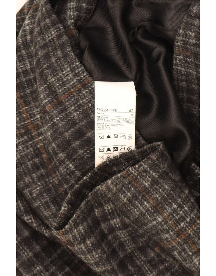 Benetton Damen Dufflejacke mit Kapuze IT 42 Mittelgrau kariertes Acryl