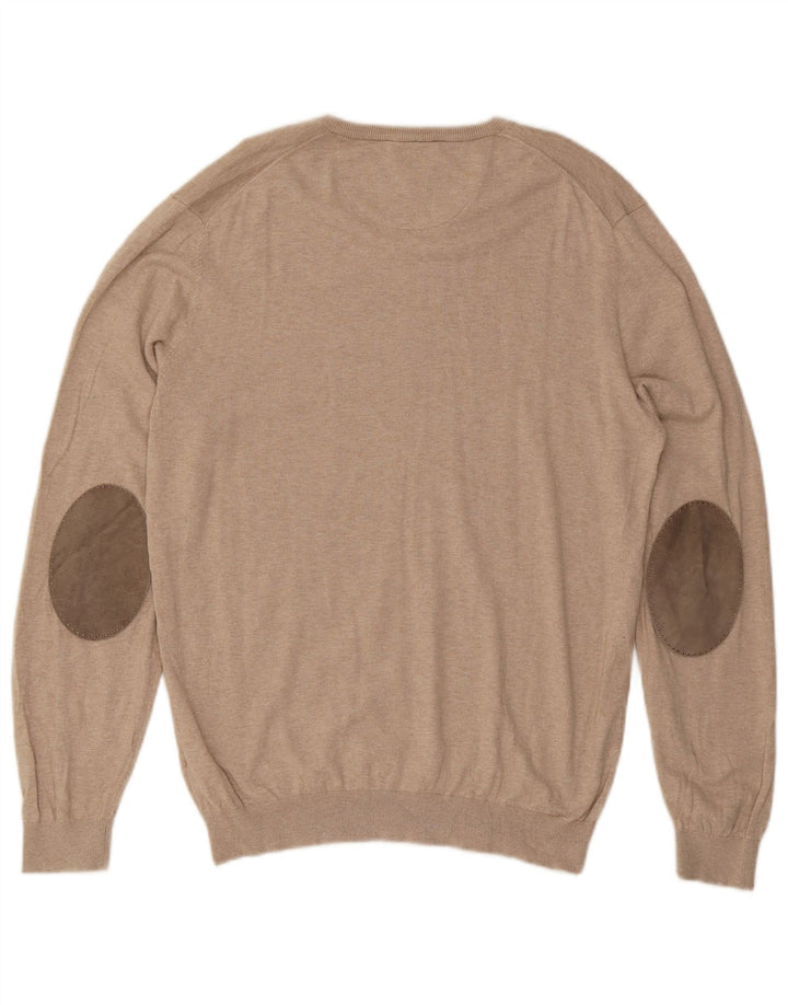 Massimo Dutti Herren-Pullover mit V-Ausschnitt, groß, beige Baumwolle