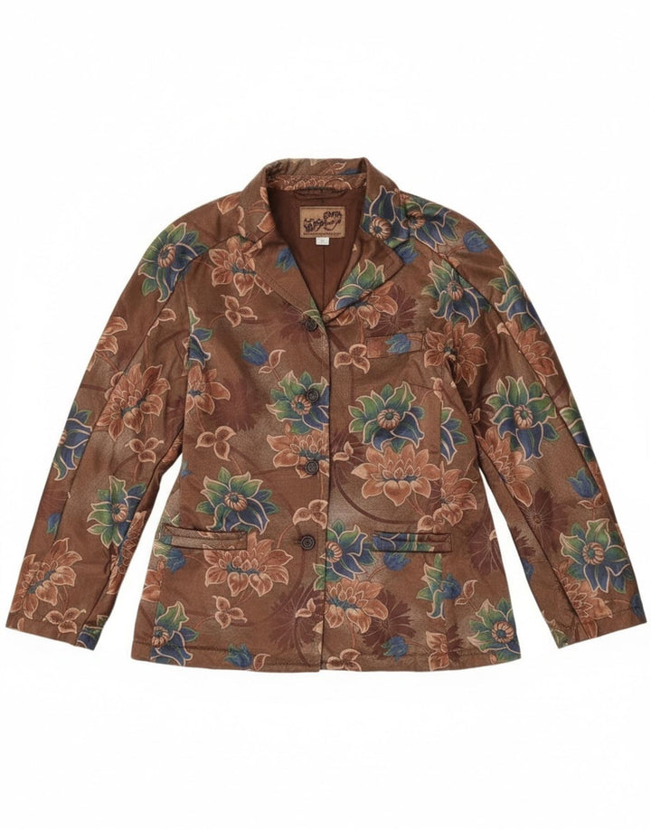 Vintage Damen 4-Knopf-Blazerjacke UK 14 Mittelbraun geblümt