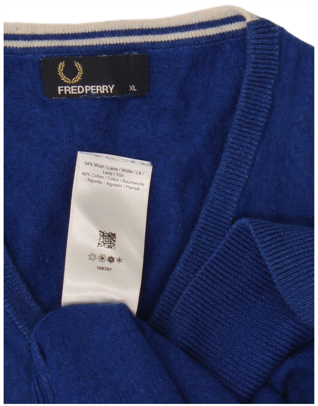 Fred Perry Herren-Pullover mit V-Ausschnitt, XL, blaue Wolle