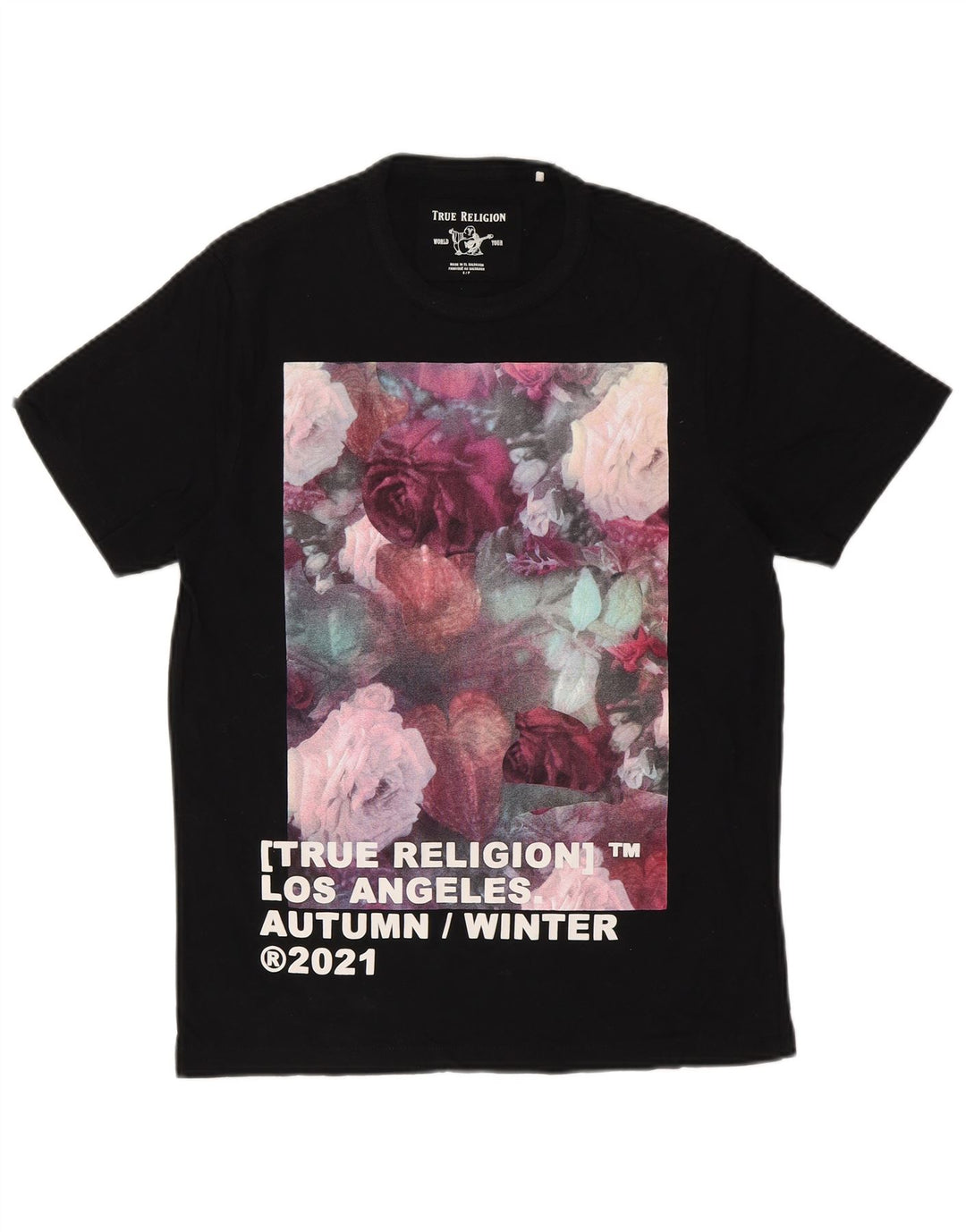 TRUE RELIGION Herren-T-Shirt mit Grafik, Größe S, Schwarz, Blumenmuster, Baumwolle