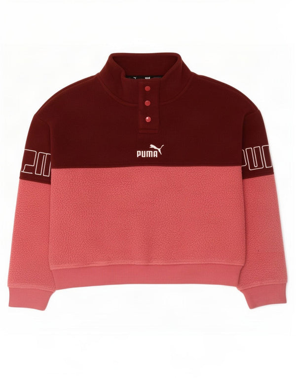 Puma Fleece-Pullover mit grafischem Knopfkragen für Mädchen, 11–12 Jahre, rosa Farbblock
