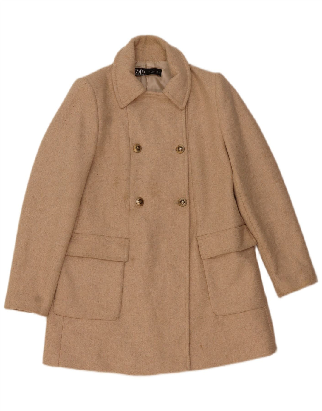 Zweireihiger Damenmantel von Zara, Gr. 10, Beige, Wolle mit Fischgrätmuster