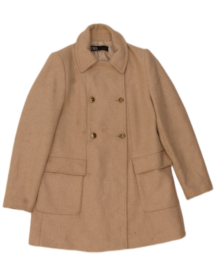 Zweireihiger Damenmantel von Zara, Gr. 10, Beige, Wolle mit Fischgrätmuster