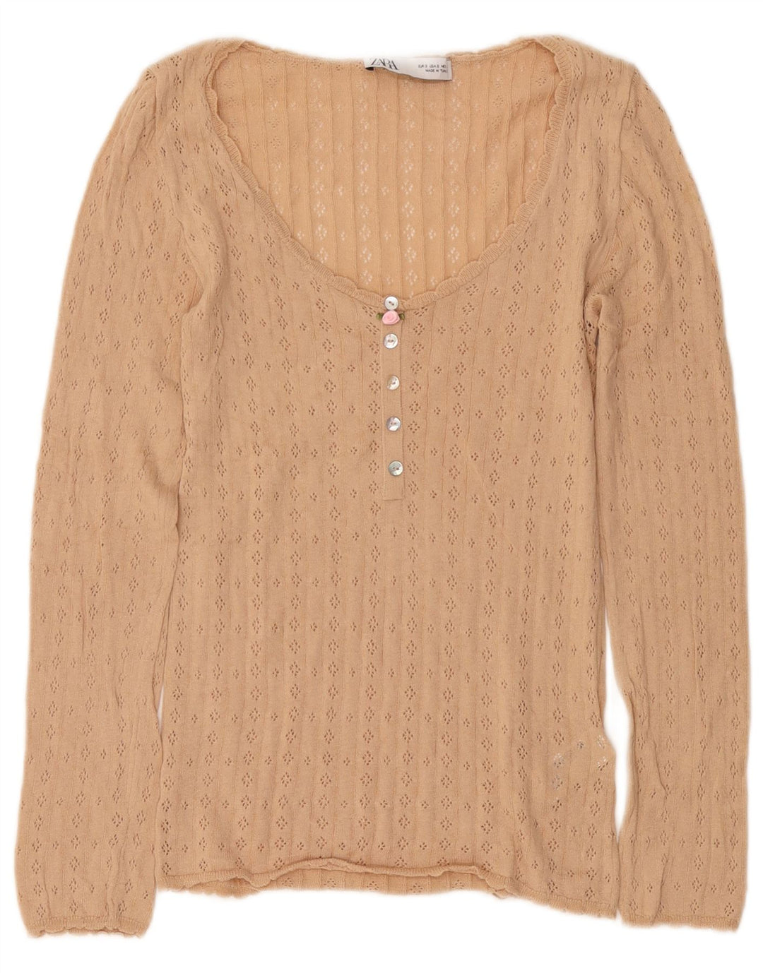 Zara Damen Top Langarm UK 10 Small Beige Baumwolle
