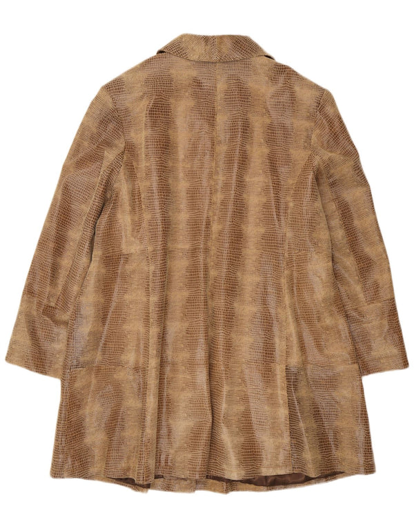 Vintage Damen Übergroßer Ledermantel EU 50 3XL Braunes Leder mit Animal-Print