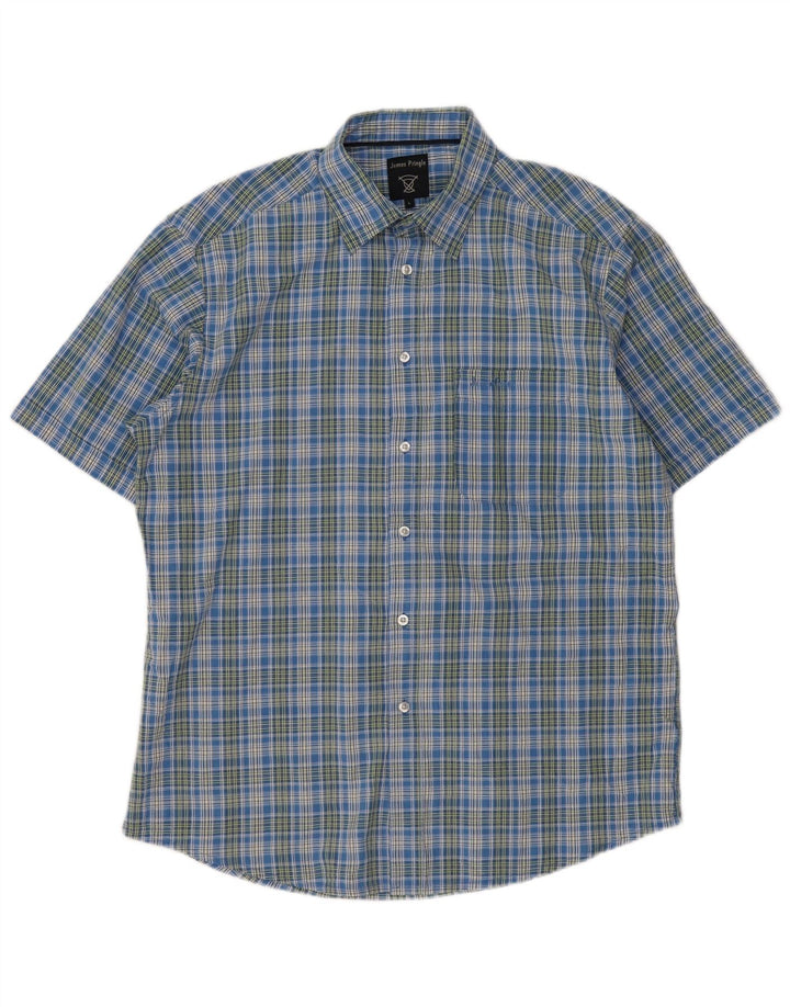 James Pringle Herren-Kurzarmhemd, groß, blau kariert, Polyester