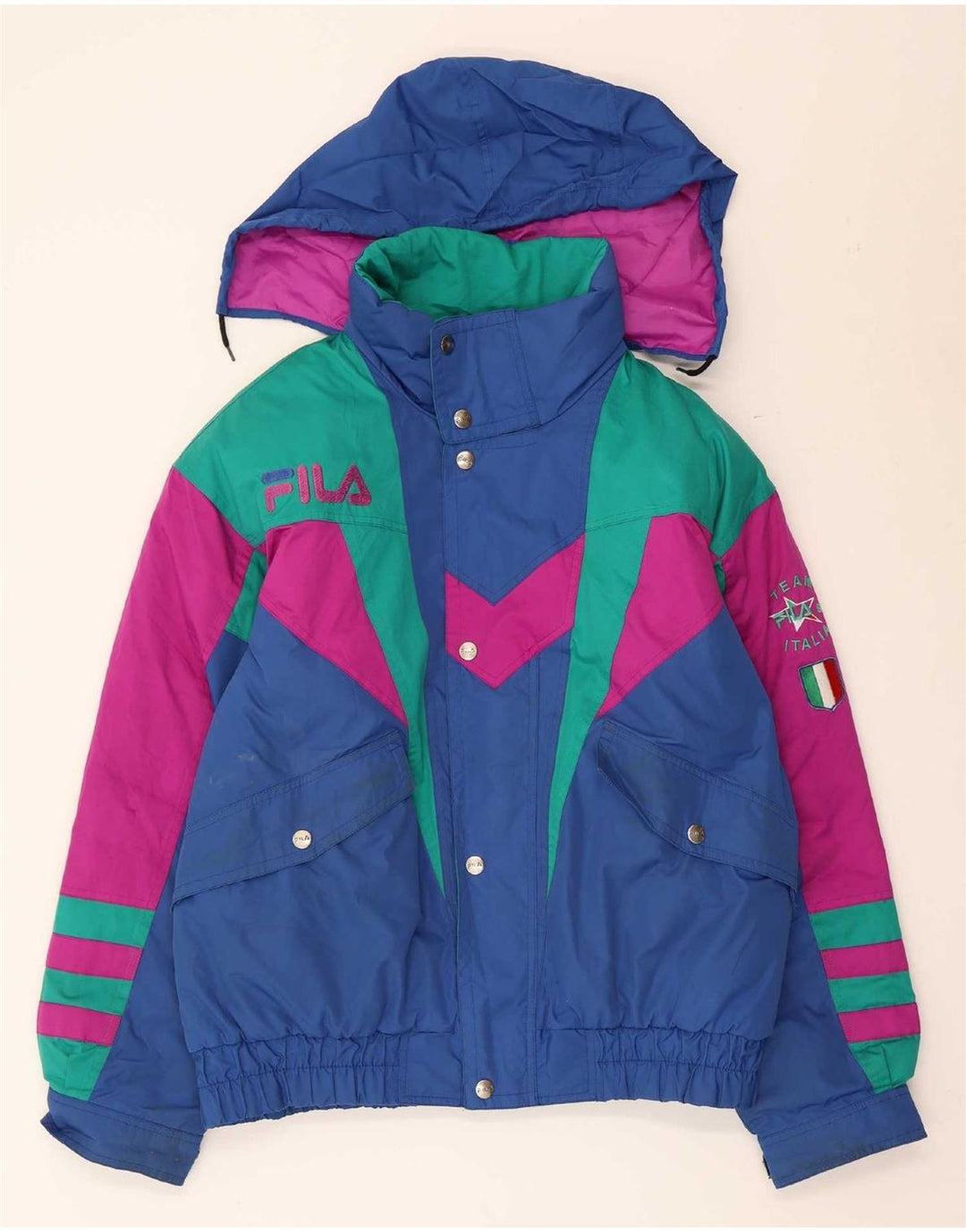 Fila Herren-Skijacke mit grafischer Kapuze, UK 40, mittelblaues Farbblock-Polyester