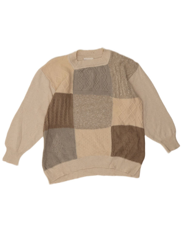 Vintage Damen Rundhalspullover Pullover EU 42 Groß Beige Patchwork