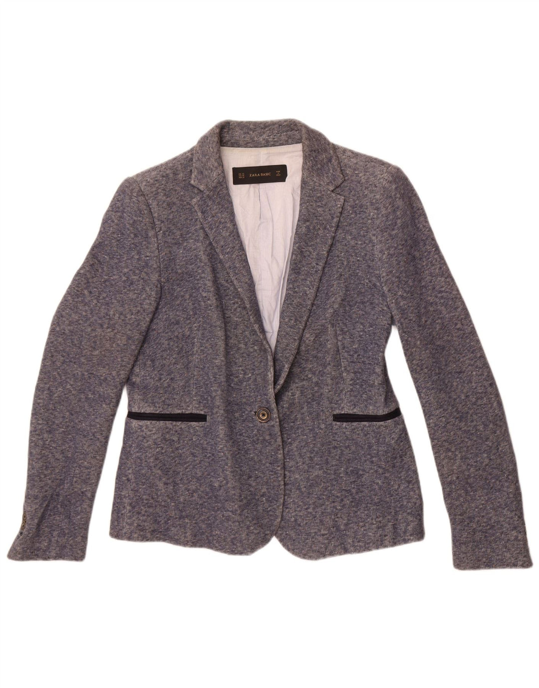 Zara Damen-Blazerjacke mit 1 Knopf, UK 18, XL, blau gefleckte Baumwolle