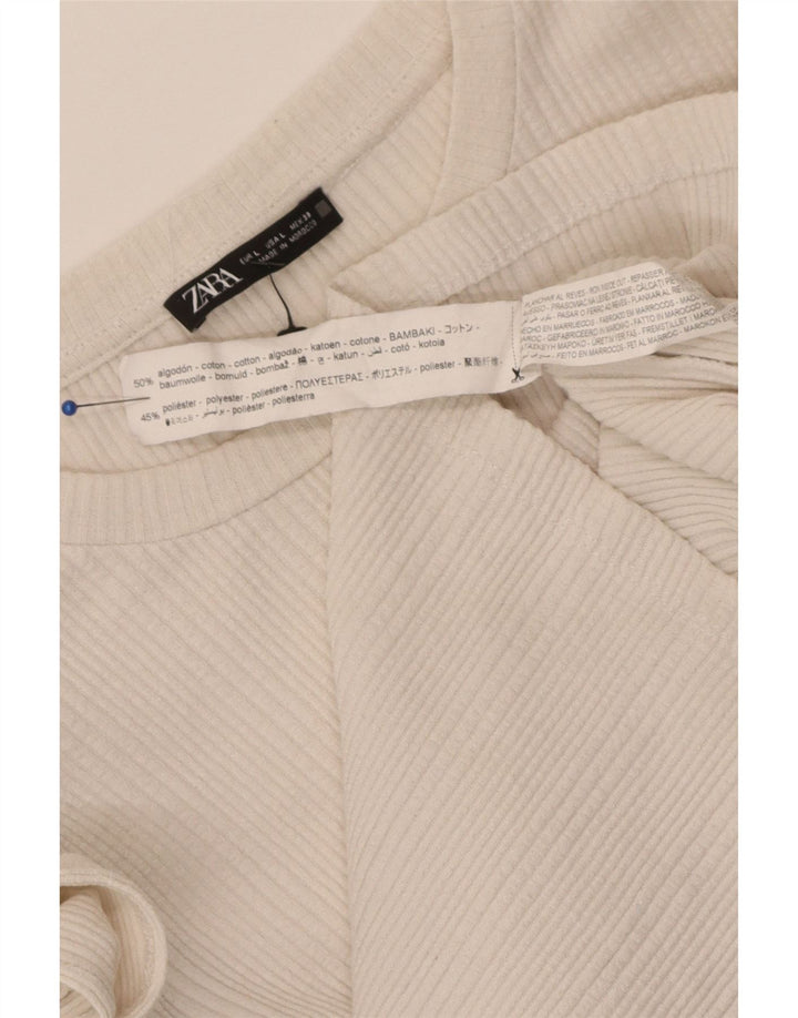 Zara Damen Crop Rüschenoberteil Langarm UK 14 Large Weiße Baumwolle