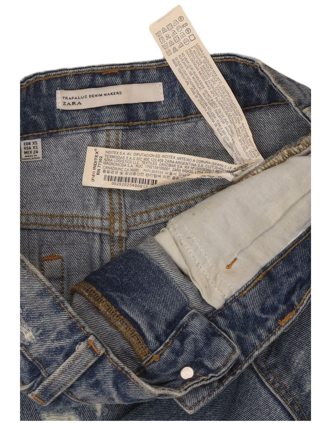 ZARA Damen Trafaluc Distressed Mini Jeansrock XS W24 Blaue Baumwolle