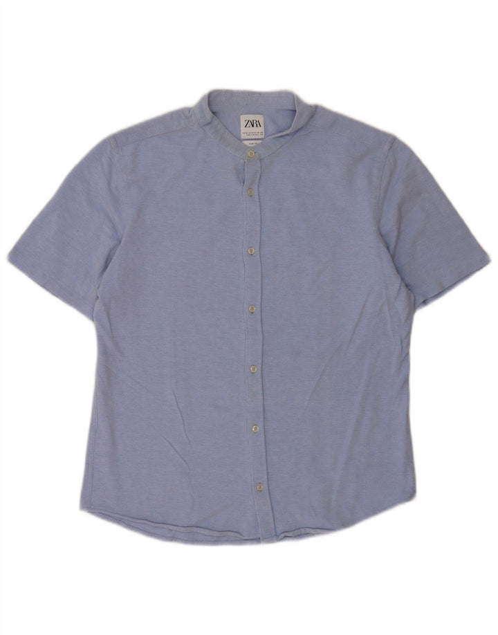 Zara Herren Kurzarm-Slim-Fit-Hemd Mittelblau