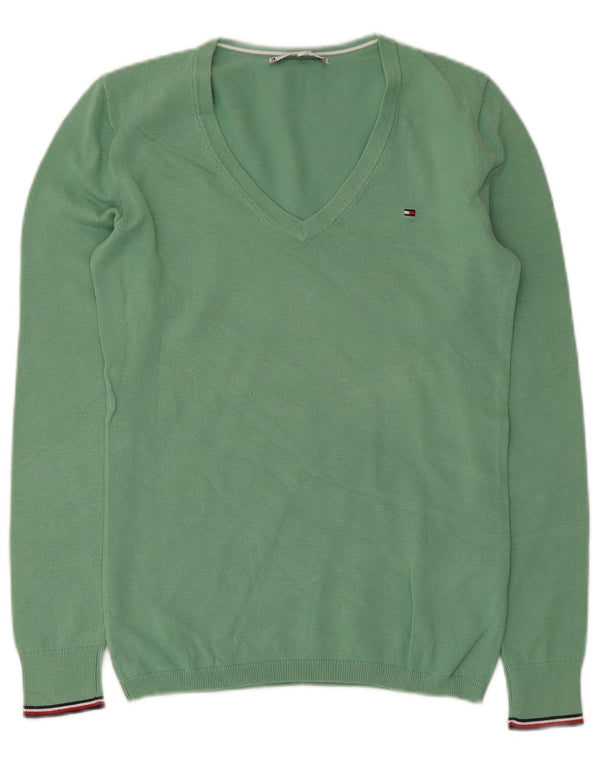 Tommy Hilfiger Damen-Pullover mit V-Ausschnitt, Gr. 6, XS, grüne Baumwolle