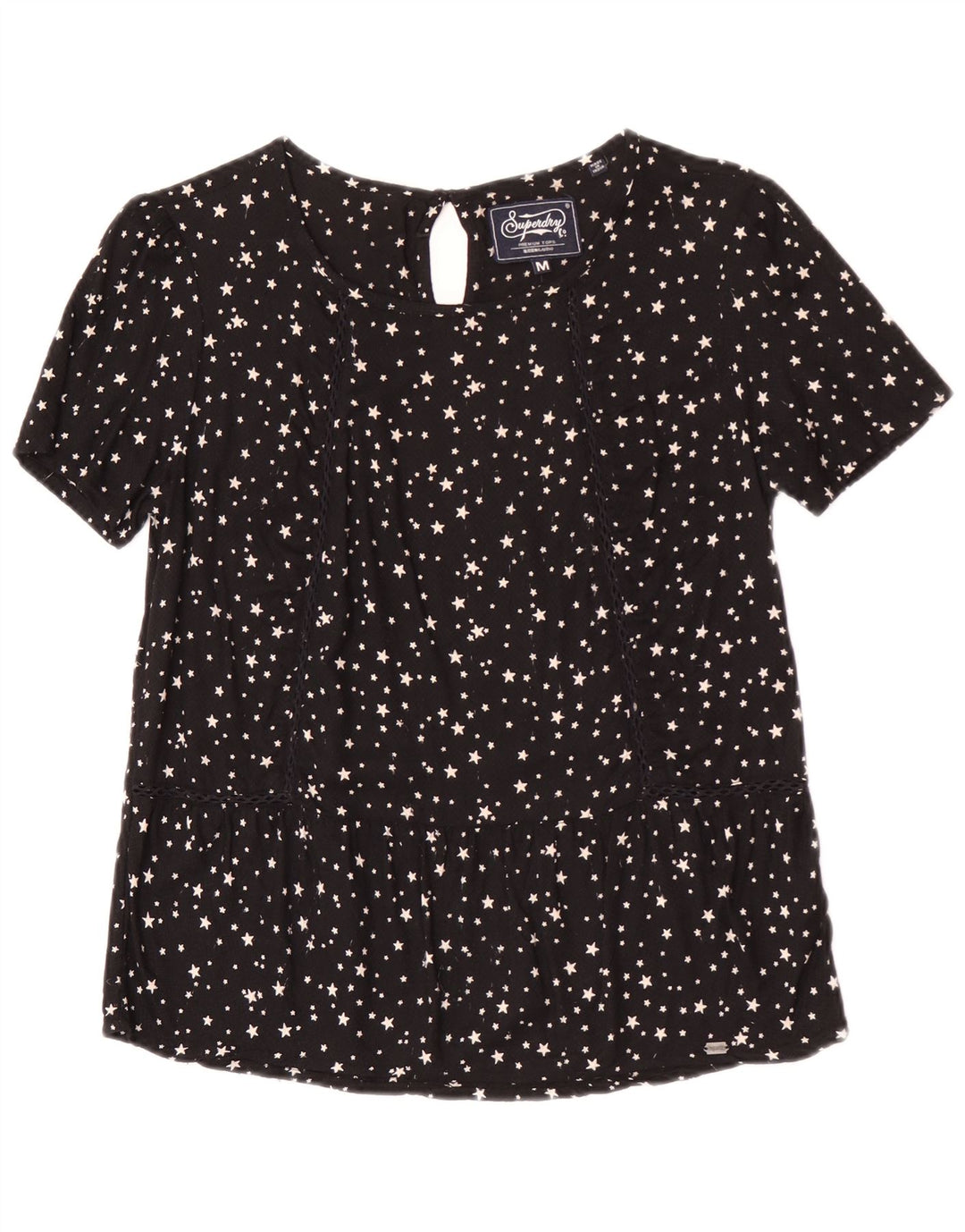 Superdry Damen-Blusenoberteil UK 12 Mittelschwarz gepunktete Viskose