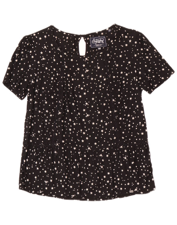 Superdry Damen-Blusenoberteil UK 12 Mittelschwarz gepunktete Viskose