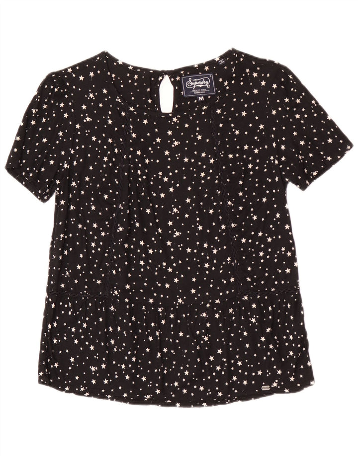 Superdry Damen-Blusenoberteil UK 12 Mittelschwarz gepunktete Viskose