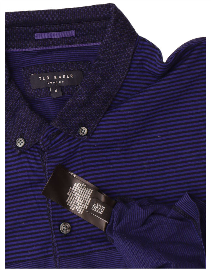 Ted Baker Herren-Poloshirt, Größe 4, groß, marineblaue Nadelstreifen-Baumwolle