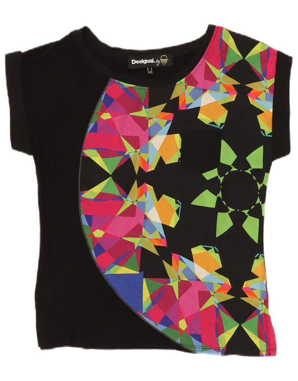 Desigual Damen T-Shirt Top UK 12 Medium Schwarz Geometrisch