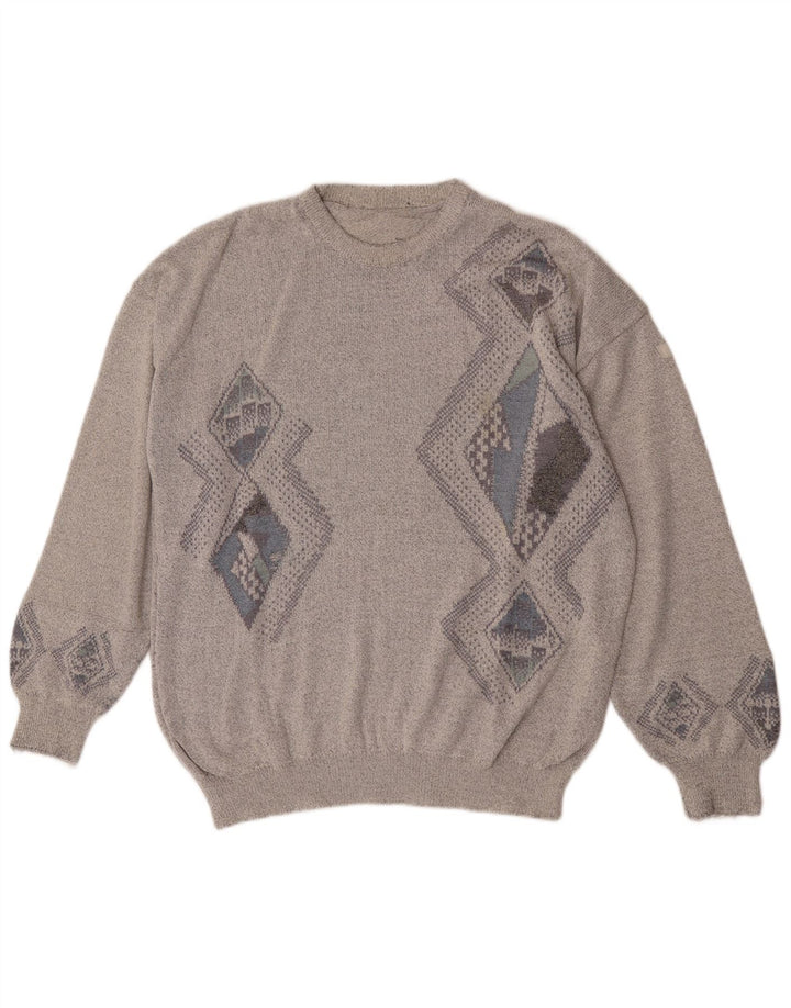 Vintage Herren-Pullover mit Rundhalsausschnitt, reguläre Passform, groß, grau, Argyle/Diamant