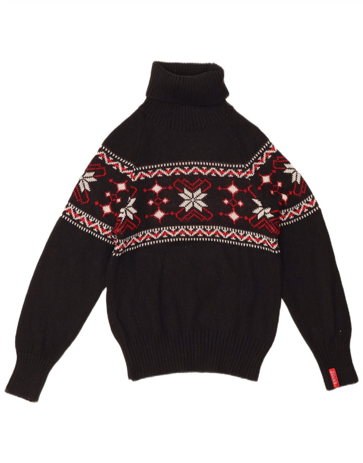 Vintage Damen Rollkragenpullover mit Schneeflockenmuster, Gr. 12, mittelschwarz, Winter