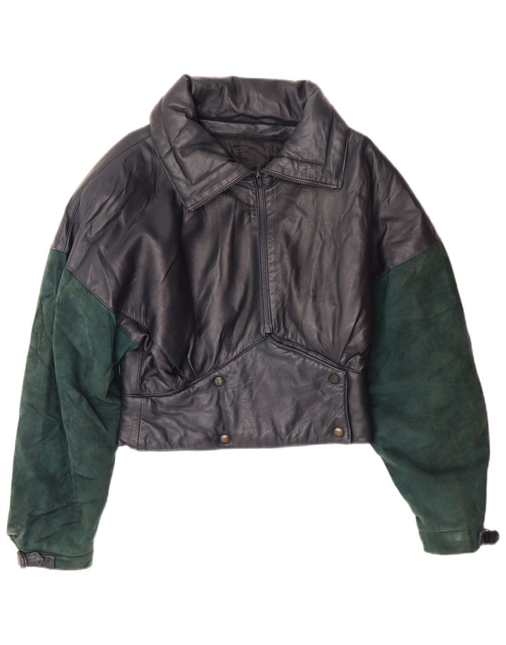 VINTAGE Damen Crop Lederjacke UK 6 XS Marineblau