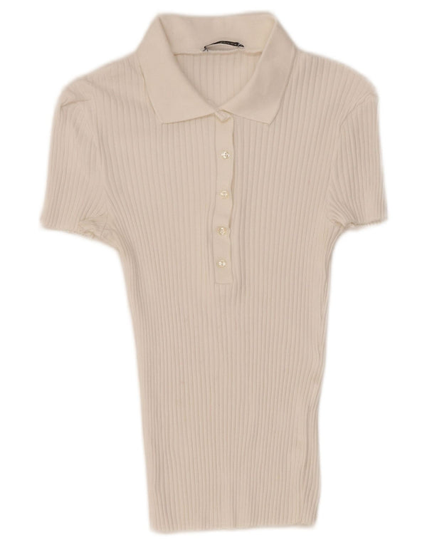 Zara Damen Kurzarm-Slim-Fit-Poloshirt UK 12 Mittelweiß