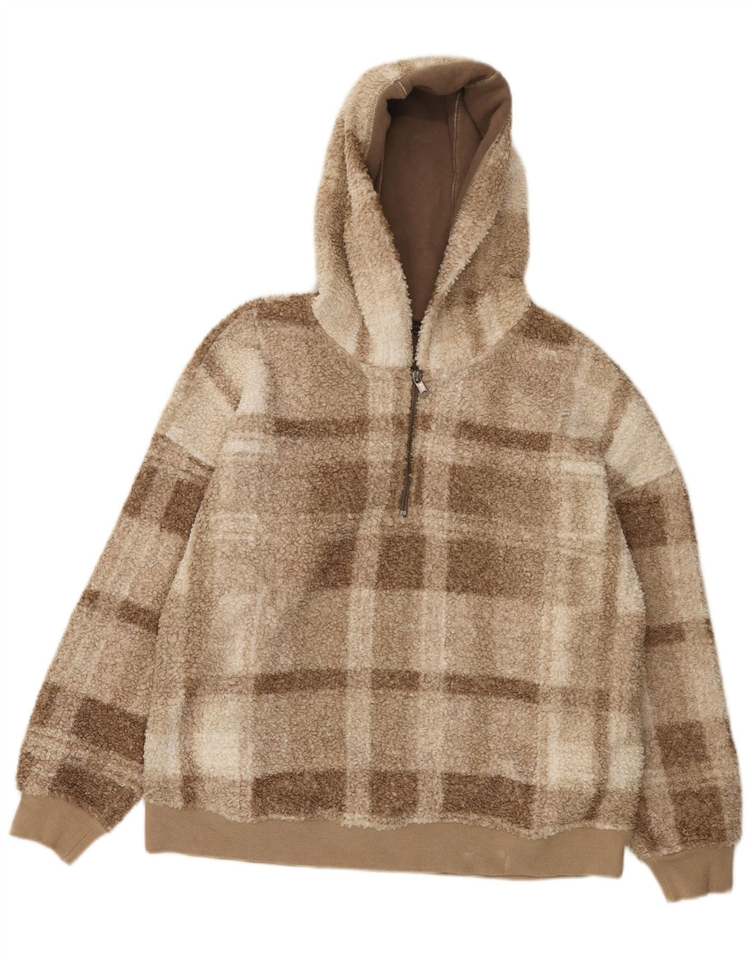 Marks & Spencer Damen-Fleecepullover mit Reißverschluss am Hals, UK 14, mittelbraun kariert