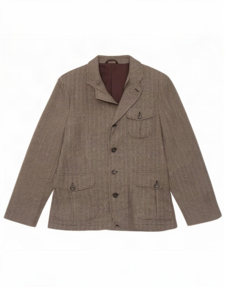 Benetton Herren-Blazerjacke UK 38 Mittelbraun mit Fischgrätenmuster