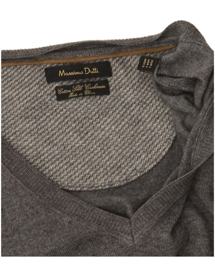 Massimo Dutti Damen-Pullover mit V-Ausschnitt, UK 16, Größe L, Grau, Baumwolle