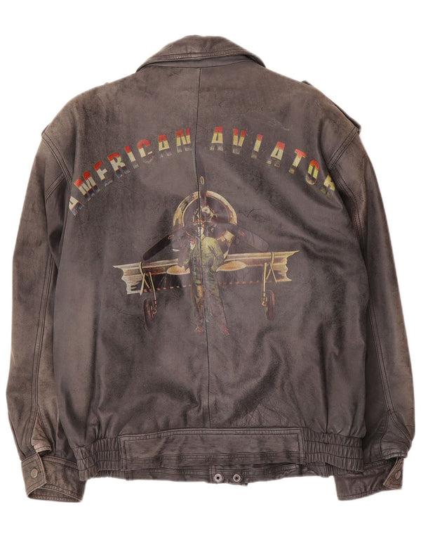 Vintage Herren Militär-Grafik-Lederjacke IT 50 Large Schwarz