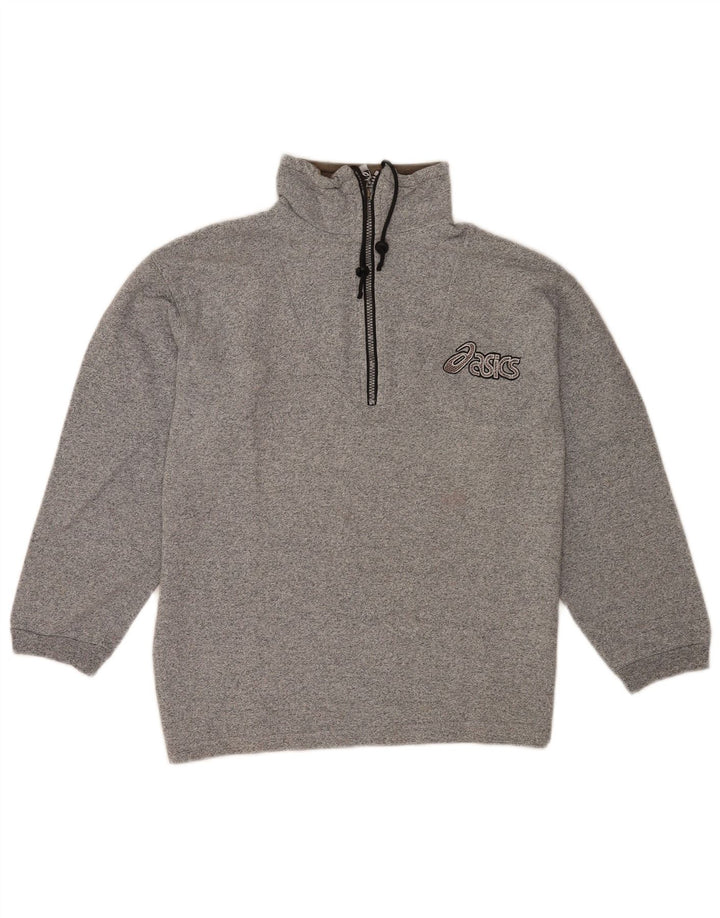 Asics Herren-Sweatshirt mit grafischem Reißverschluss und Rundhalsausschnitt, Größe S, grau gefleckte Baumwolle