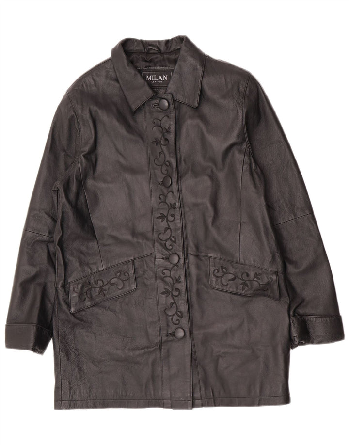 Vintage Damen Ledermantel US 12 Großes schwarzes Blumenleder