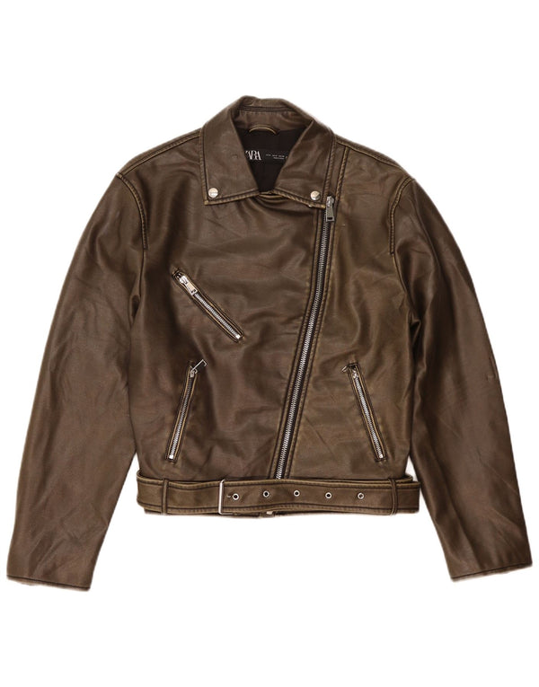 Zara Damen-Bikerjacke aus Kunstleder, UK 14, mittelbraunes Polyethylen